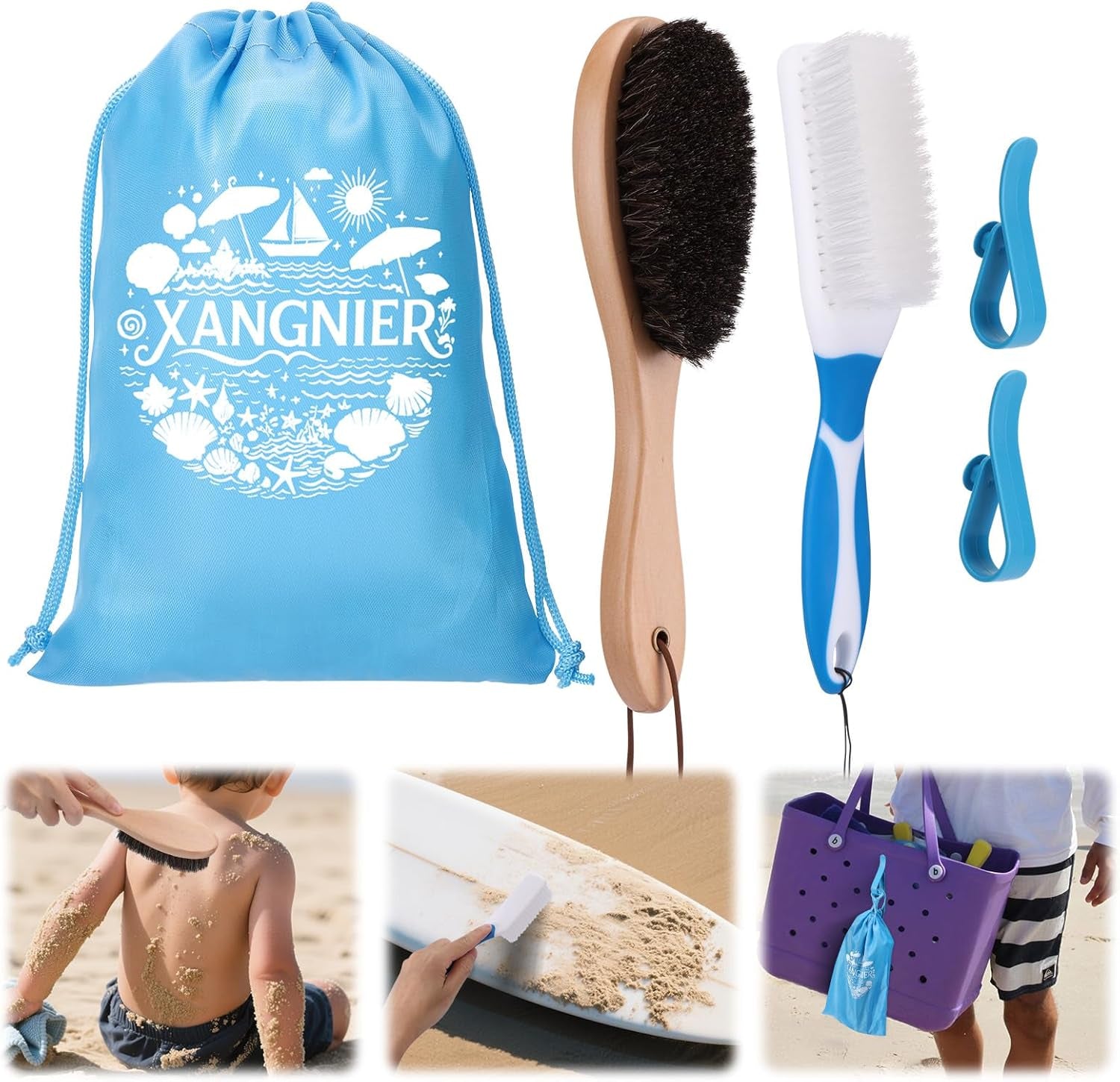 Sand Remover Brush Kits for Beach,Beach Vacation Essentials for Kids Women,Beach Accessories Must Haves for Summer Trip Camping Necessities&Supplies-With Hooks to Hang on the Bogg Bag,5Pcs