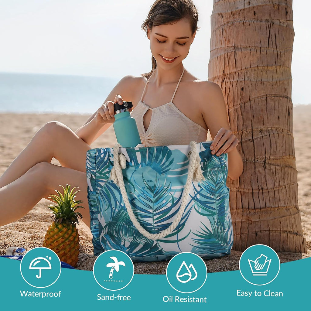 Beach Bag for Women - Large Beach Tote Bag, Waterproof Sandproof Beach Bag with Zipper, Large Swim Pool Beach Tote