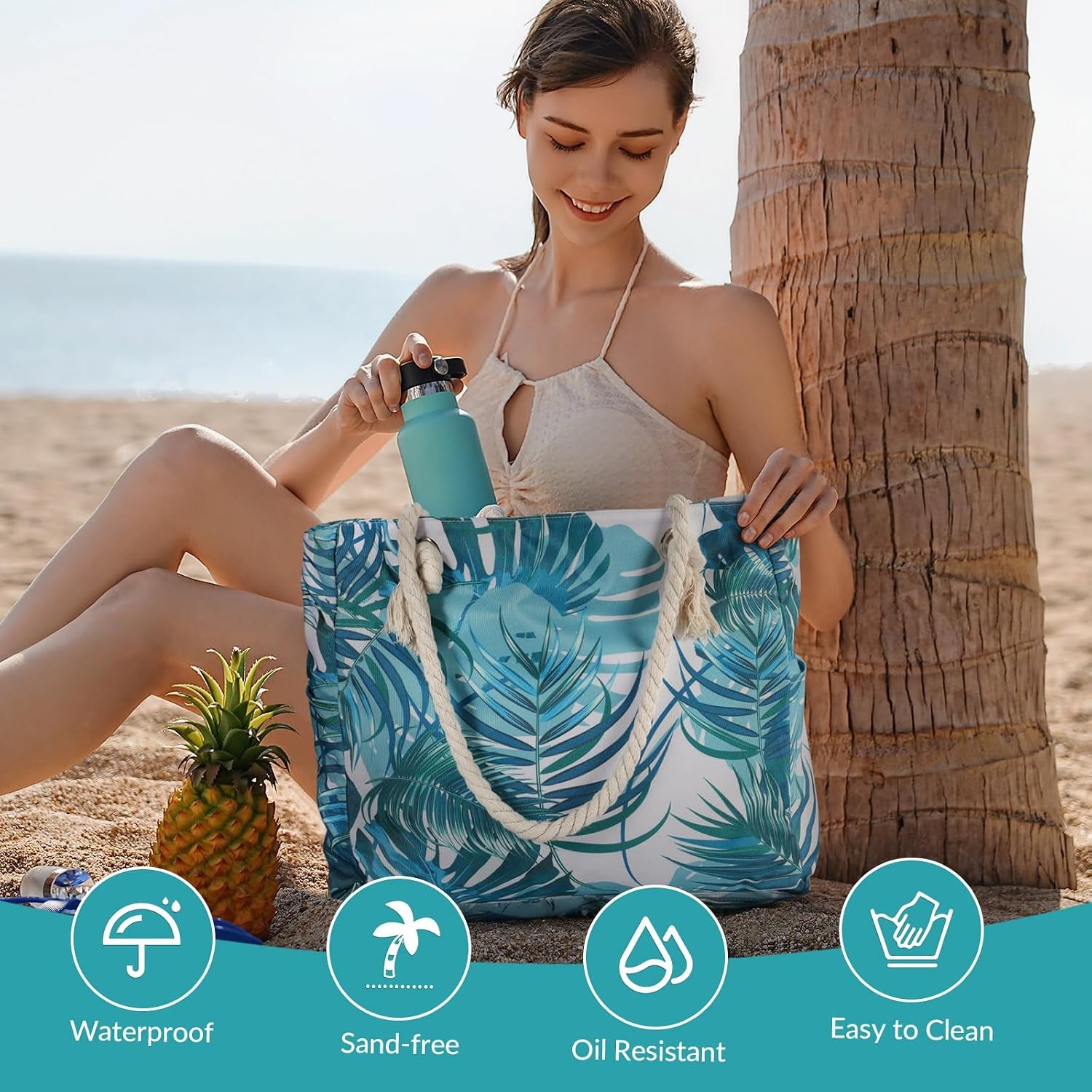 Beach Bag for Women - Large Beach Tote Bag, Waterproof Sandproof Beach Bag with Zipper, Large Swim Pool Beach Tote