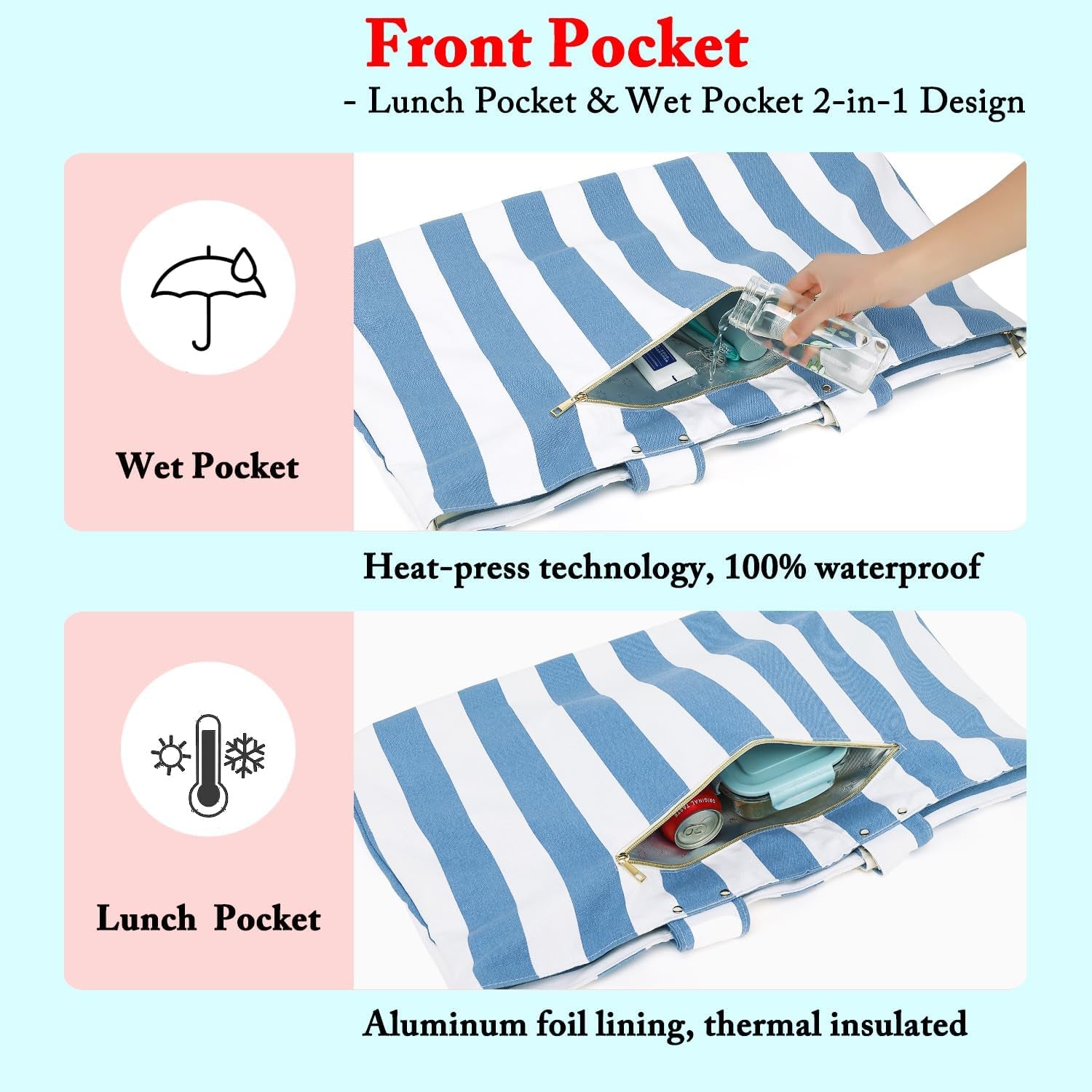 Beach Bags Waterproof Sandproof for Women, Large Canvas Pool Bag with Leakproof Wet Pocket & Zipper Cruise Essentials