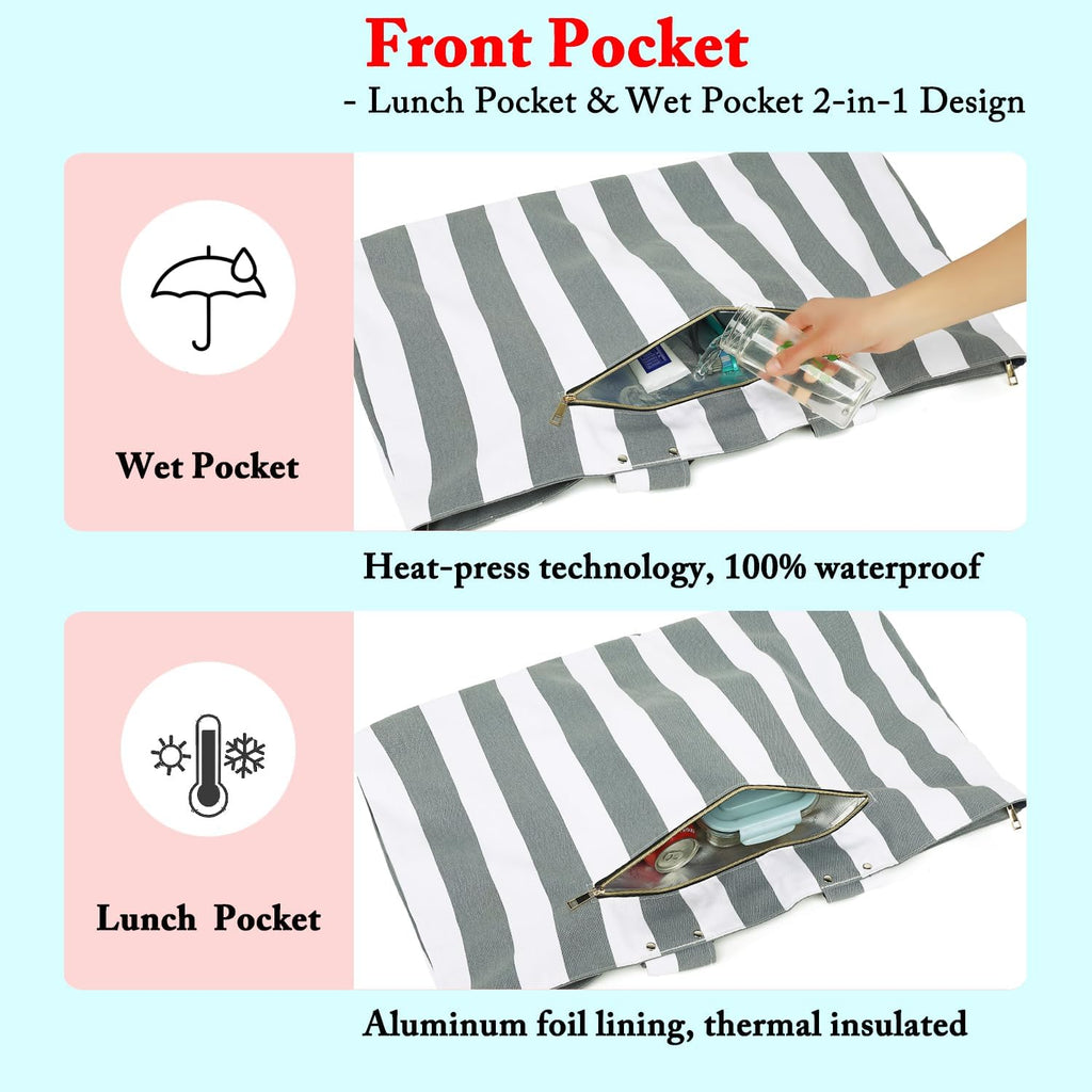 Beach Bags Waterproof Sandproof for Women, Large Canvas Pool Bag with Leakproof Wet Pocket & Zipper Cruise Essentials