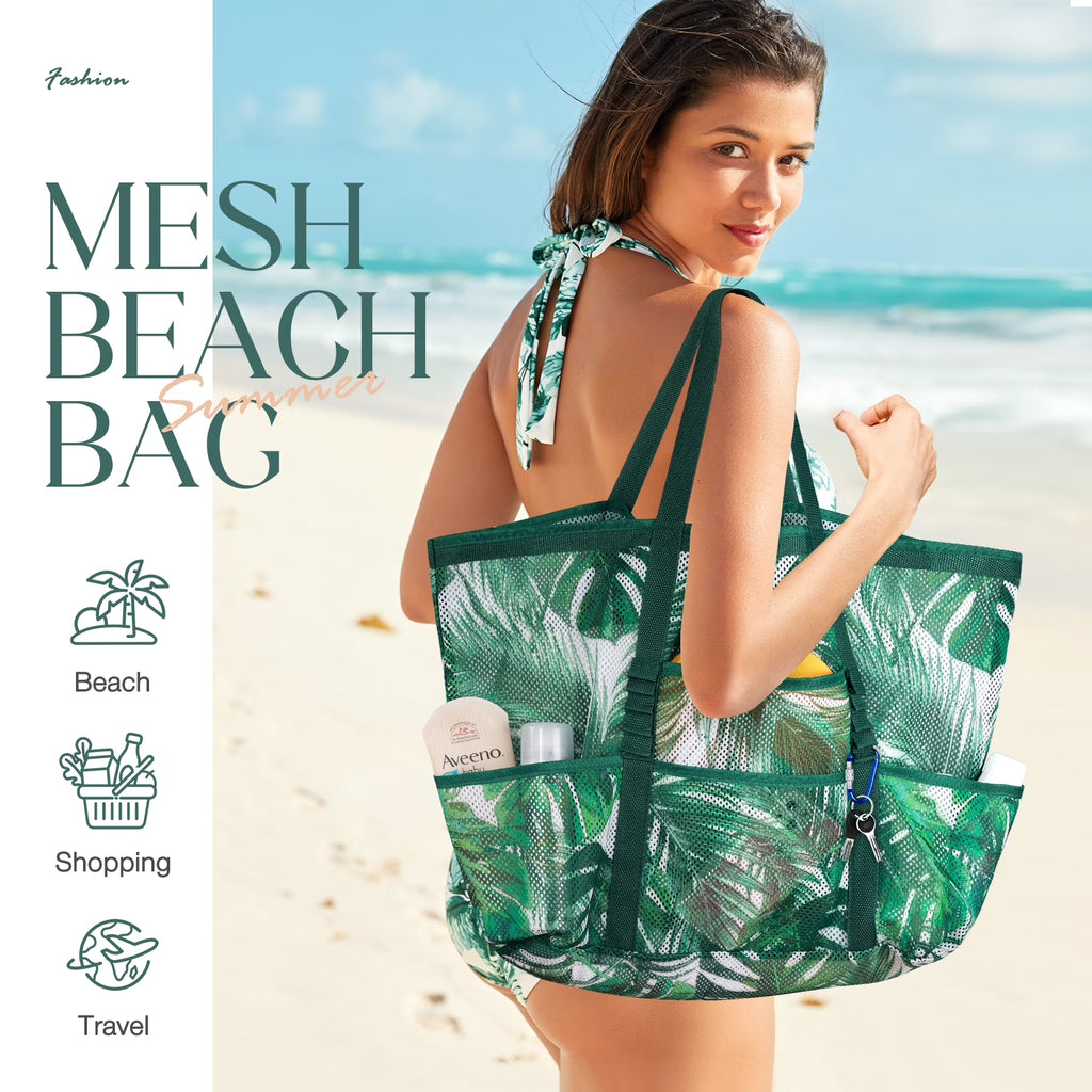 Mesh Beach Bag Rope Handles, Mesh Tote Bag for Women Contains Wicker Oversized Beach Tote Bag with 9 Small Pockets (Green)