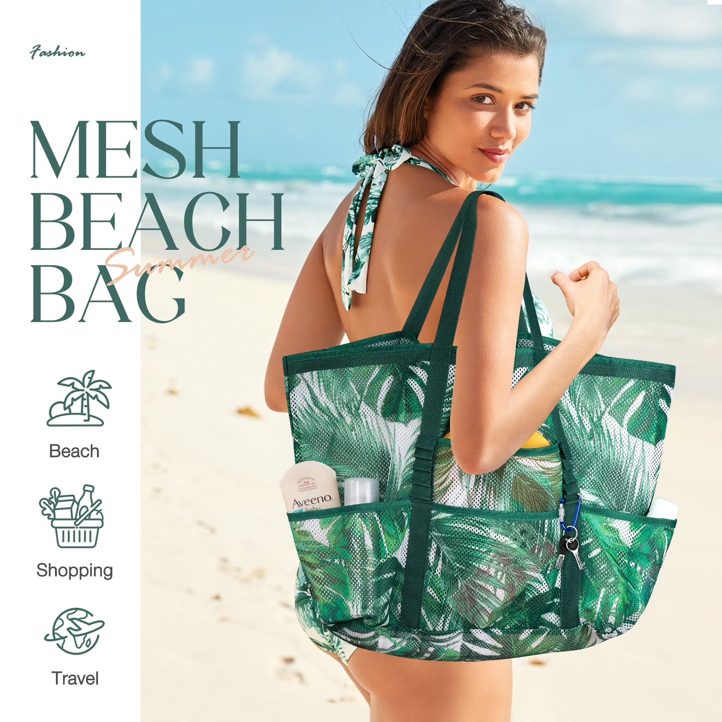Mesh Beach Bag Rope Handles, Mesh Tote Bag for Women Contains Wicker Oversized Beach Tote Bag with 9 Small Pockets (Green)