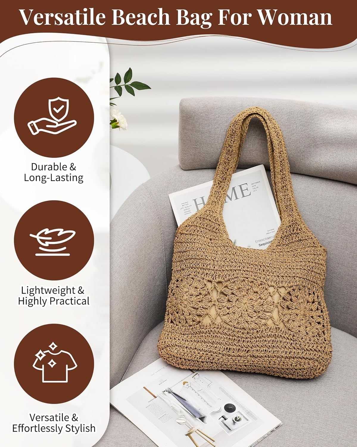 Beach Bag, Straw Beach Bags for Women, Floral Designed Beach Tote Lightweight Foldable Straw Bag