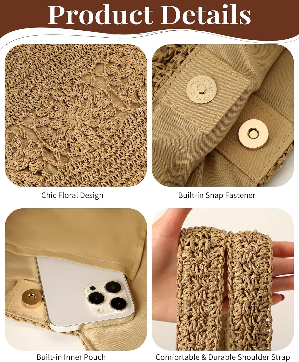 Beach Bag, Straw Beach Bags for Women, Floral Designed Beach Tote Lightweight Foldable Straw Bag