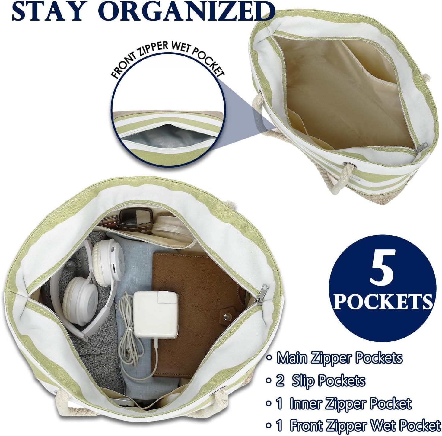 Beach Bags Waterproof Sandproof for Women, Large Canvas Pool Bag with Leakproof Wet Pocket & Zipper Cruise Essentials
