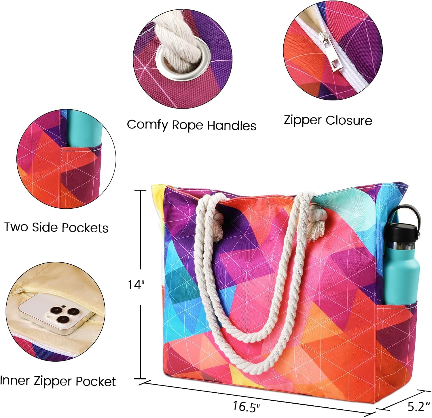 Beach Bag for Women - Large Beach Tote Bag, Waterproof Sandproof Beach Bag with Zipper, Large Swim Pool Beach Tote