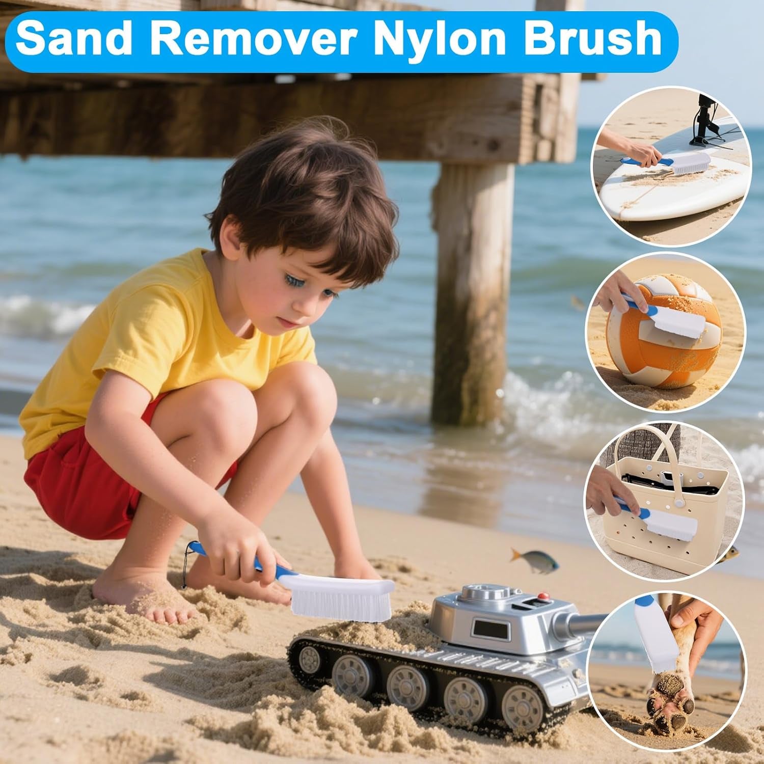 Sand Remover Brush Kits for Beach,Beach Vacation Essentials for Kids Women,Beach Accessories Must Haves for Summer Trip Camping Necessities&Supplies-With Hooks to Hang on the Bogg Bag,5Pcs
