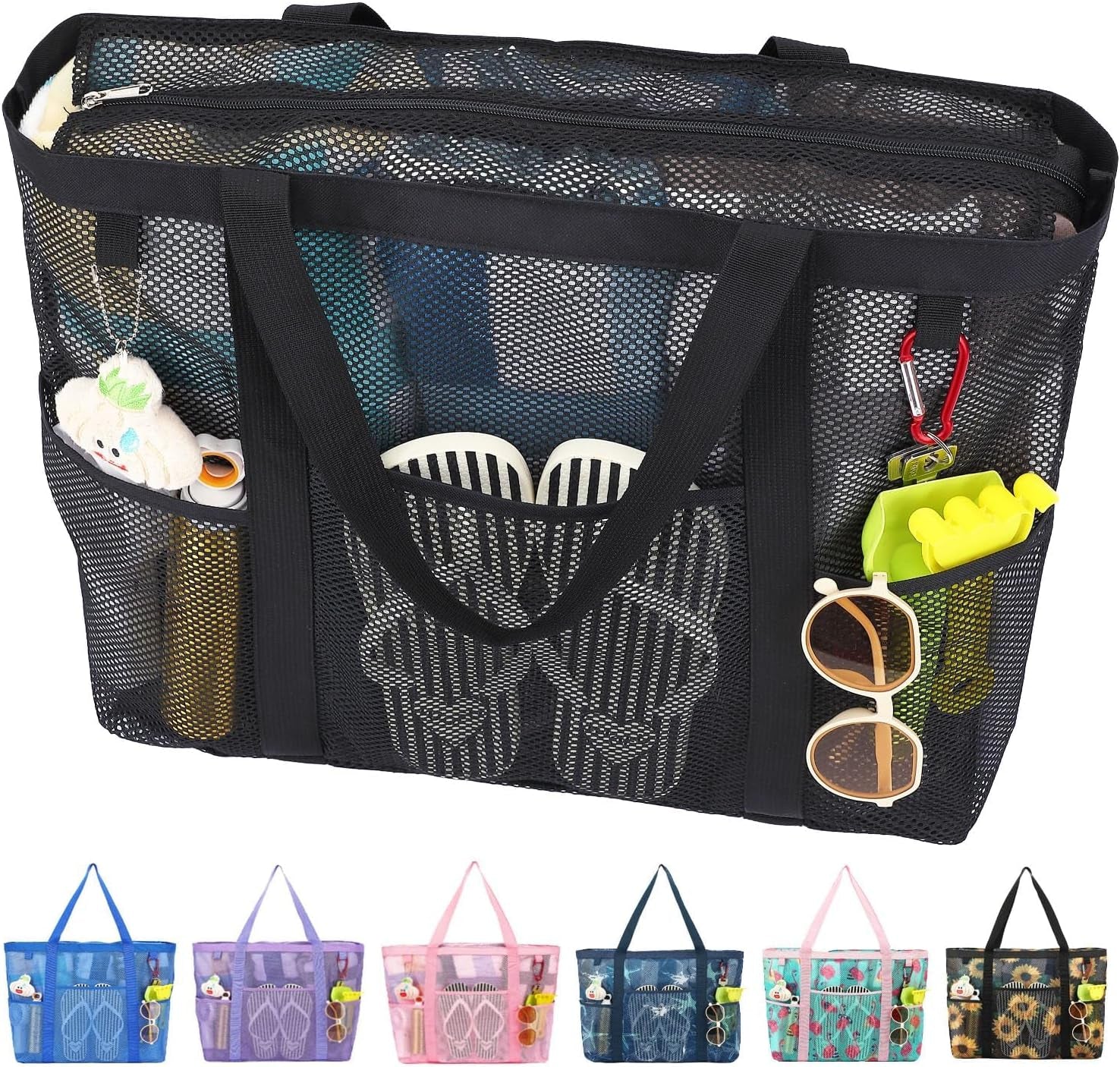 Mesh Beach Bag with Zipper for Women, Large Beach Tote Sandproof Toys Pool Swim Bag Travel Vacation Cruise Essentials