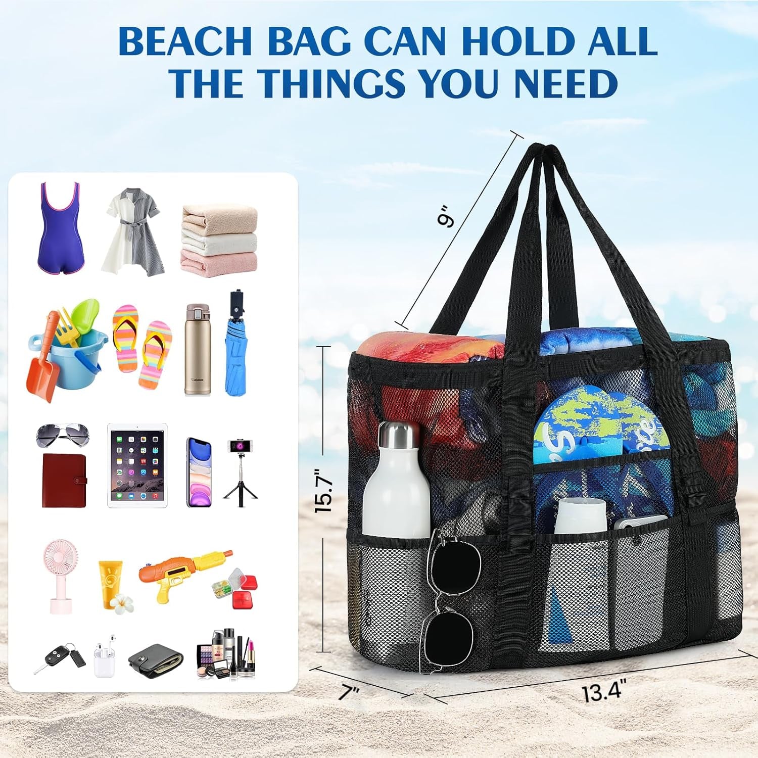 Beach Bag - Mesh Beach Bag Large 8 Pockets, Beach Tote Bag Beach Essentials for Vacation Must Haves