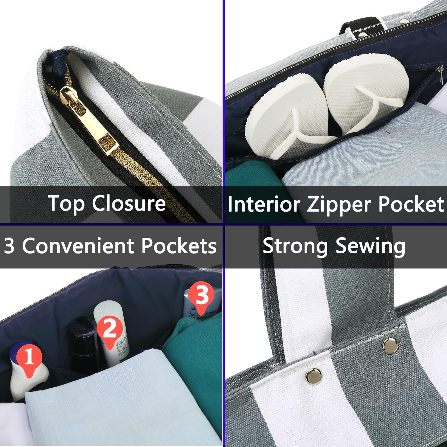 Beach Bags Waterproof Sandproof for Women, Large Canvas Pool Bag with Leakproof Wet Pocket & Zipper Cruise Essentials