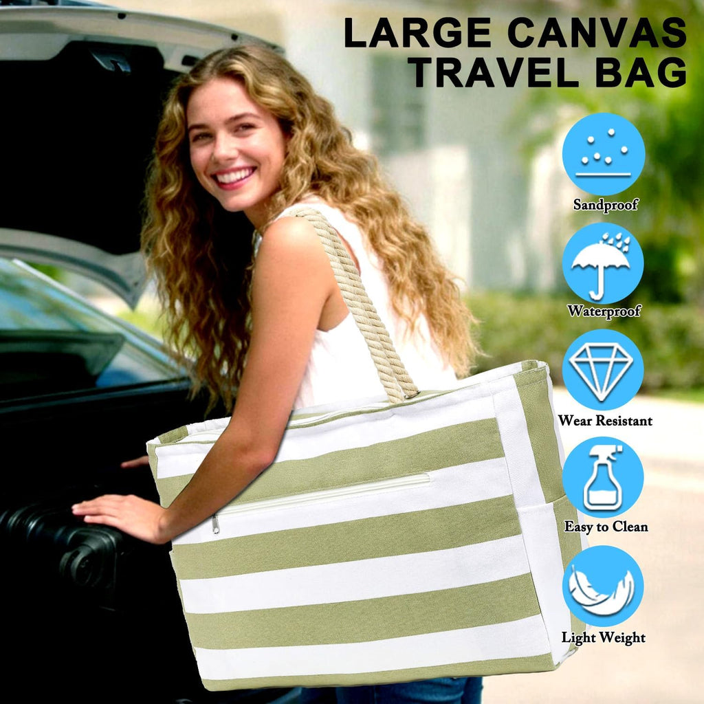 Beach Bags Waterproof Sandproof for Women, Large Canvas Pool Bag with Leakproof Wet Pocket & Zipper Cruise Essentials