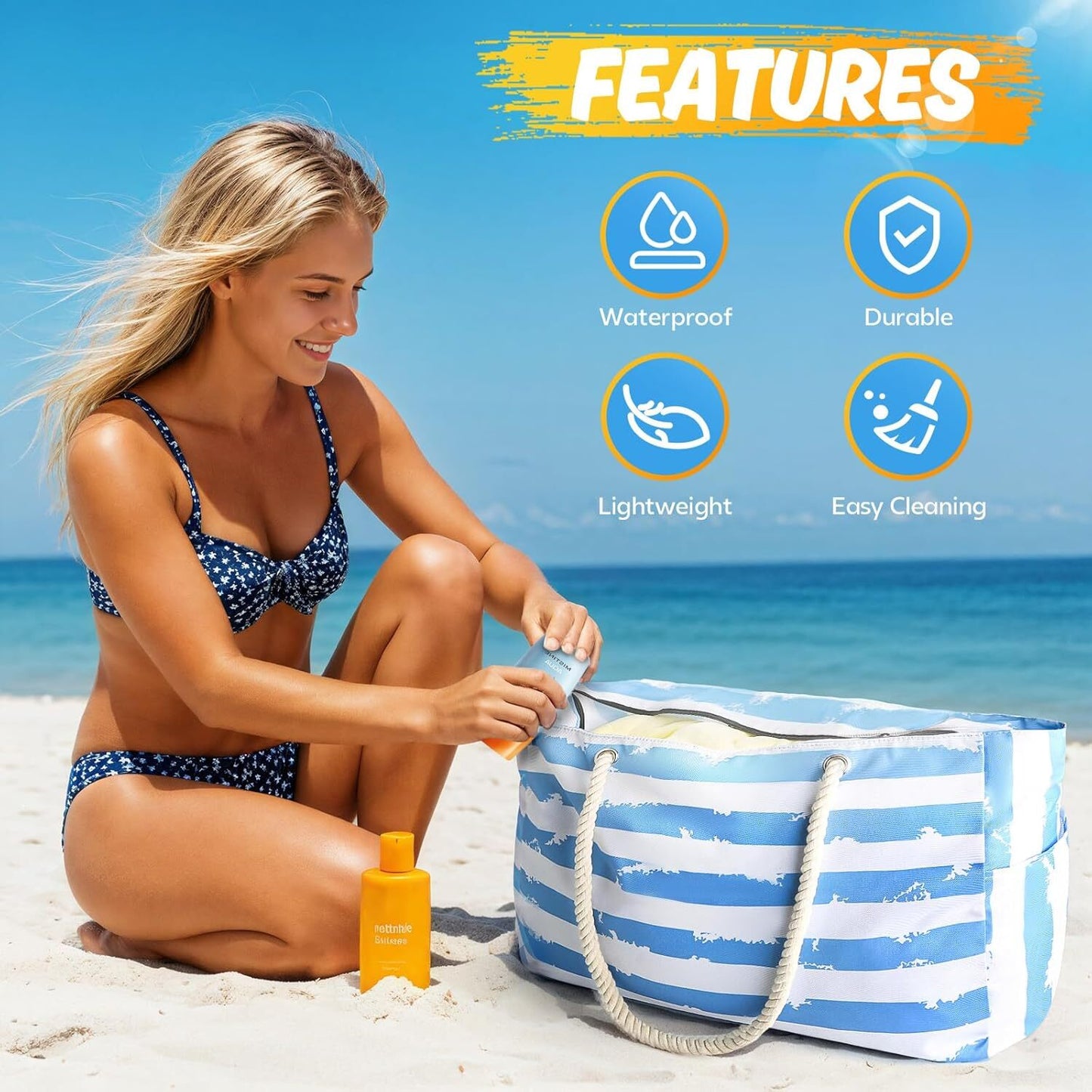 Large Beach Bag for Women & Men Beach Bags Waterproof Sandproof Travel Tote Bag