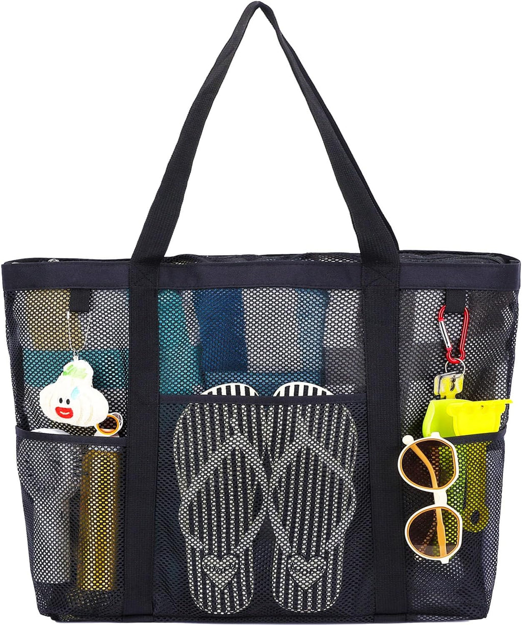 Mesh Beach Bag with Zipper for Women, Large Beach Tote Sandproof Toys Pool Swim Bag Travel Vacation Cruise Essentials