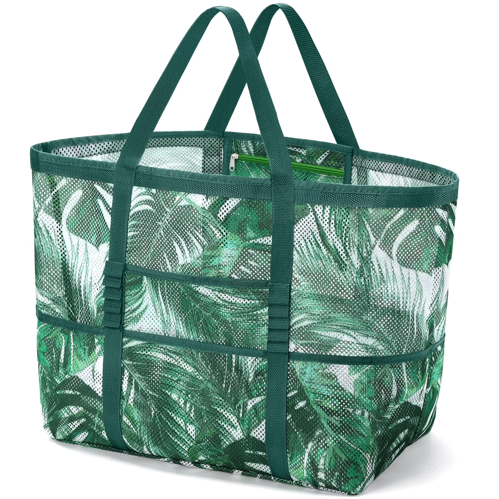 Mesh Beach Bag Rope Handles, Mesh Tote Bag for Women Contains Wicker Oversized Beach Tote Bag with 9 Small Pockets (Green)