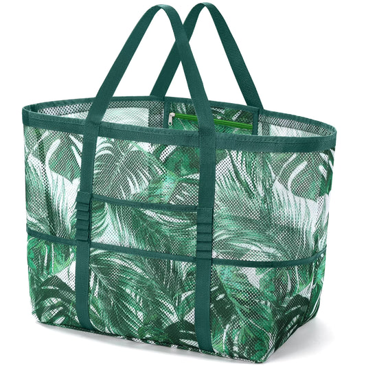 Mesh Beach Bag Rope Handles, Mesh Tote Bag for Women Contains Wicker Oversized Beach Tote Bag with 9 Small Pockets (Green)
