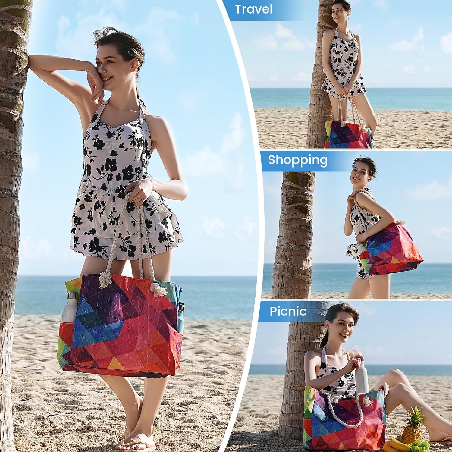 Beach Bag for Women - Large Beach Tote Bag, Waterproof Sandproof Beach Bag with Zipper, Large Swim Pool Beach Tote