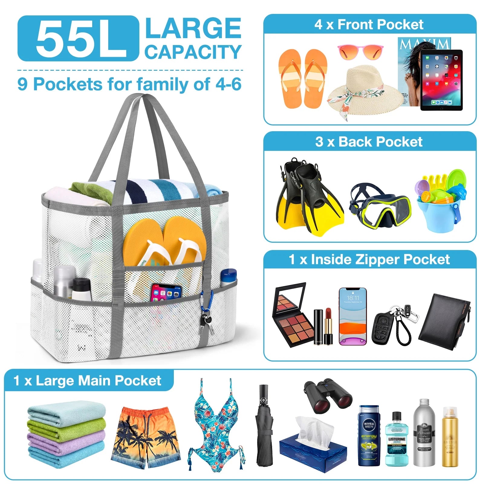 Mesh Beach Bag Rope Handles, Mesh Tote Bag for Women Contains Wicker Oversized Beach Tote Bag with 9 Small Pockets (White)