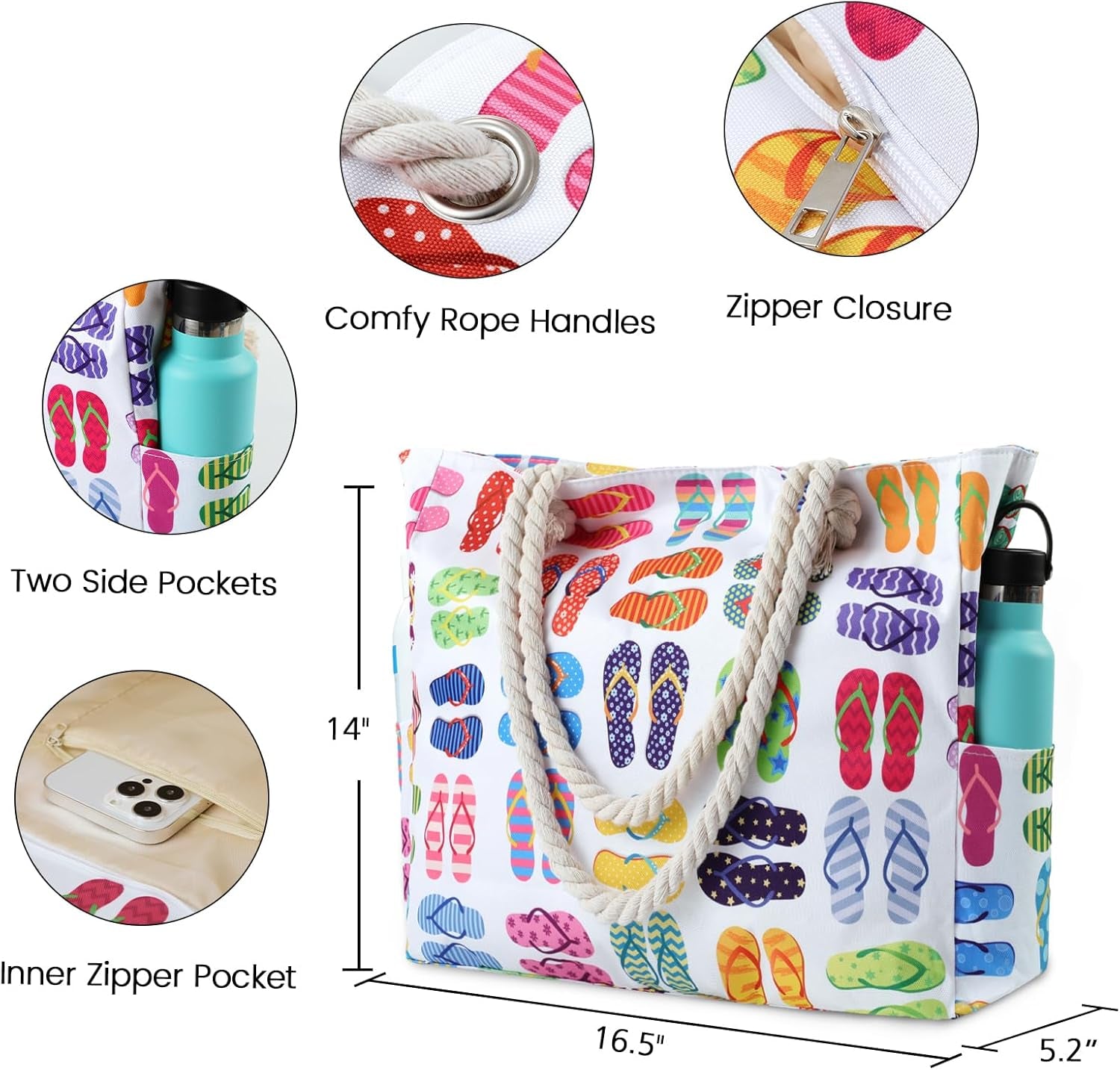 Beach Bag for Women - Large Beach Tote Bag, Beach Bag Waterproof Sandproof, Swim Pool Beach Tote with Zippers