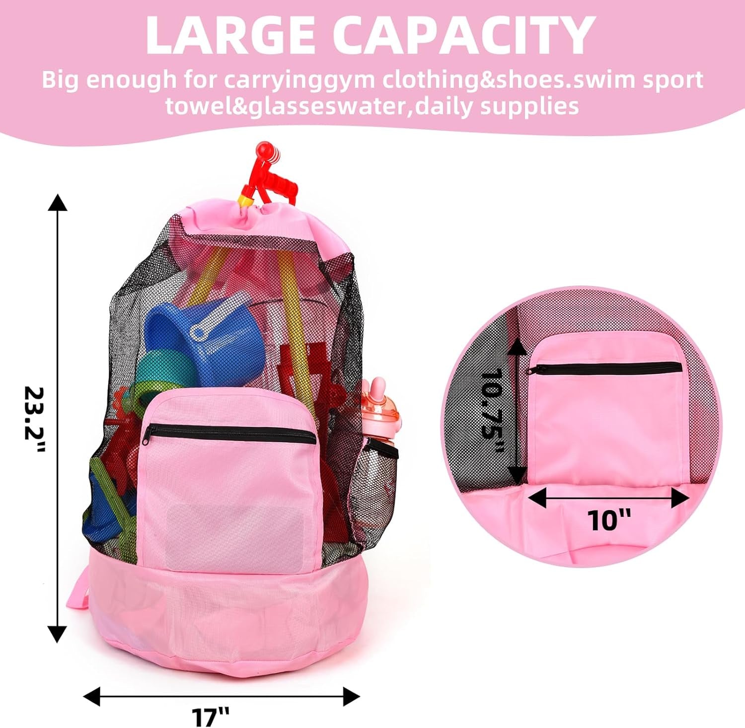Beach Toy Bag，Mesh Backpack for Beach,Beach Must Haves Sand Box Toys Seashell Bags，Waterproof Swim Mesh Beach Bag (1, Pink)