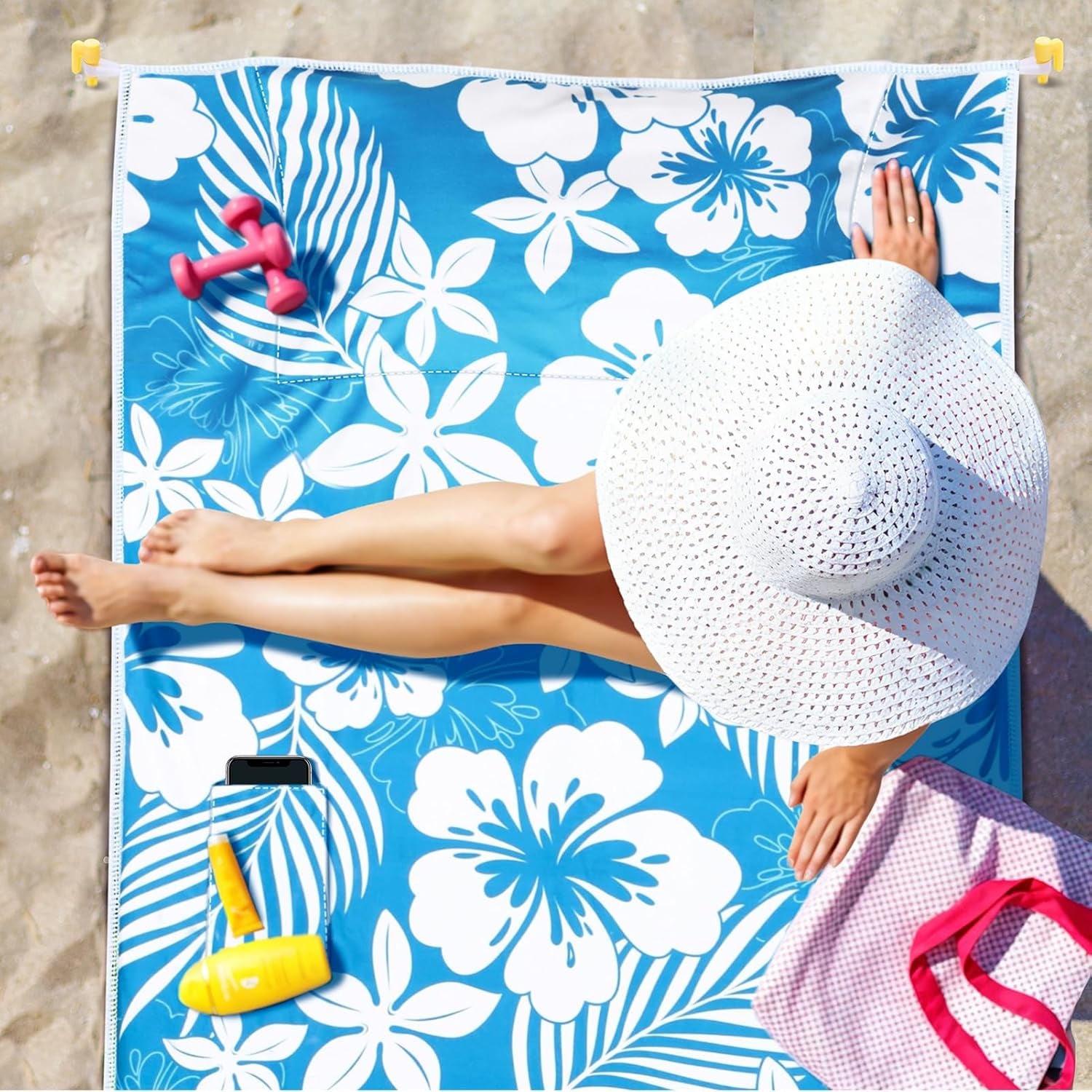 Beach Blanket Waterproof Sandproof with Inflatable Pillow, 79"×35" Sand Free Beach Mat with 4 Stakes & Carry Bag, Lightweight Portable Beach Blankets for Beach Travel Camping Picnic