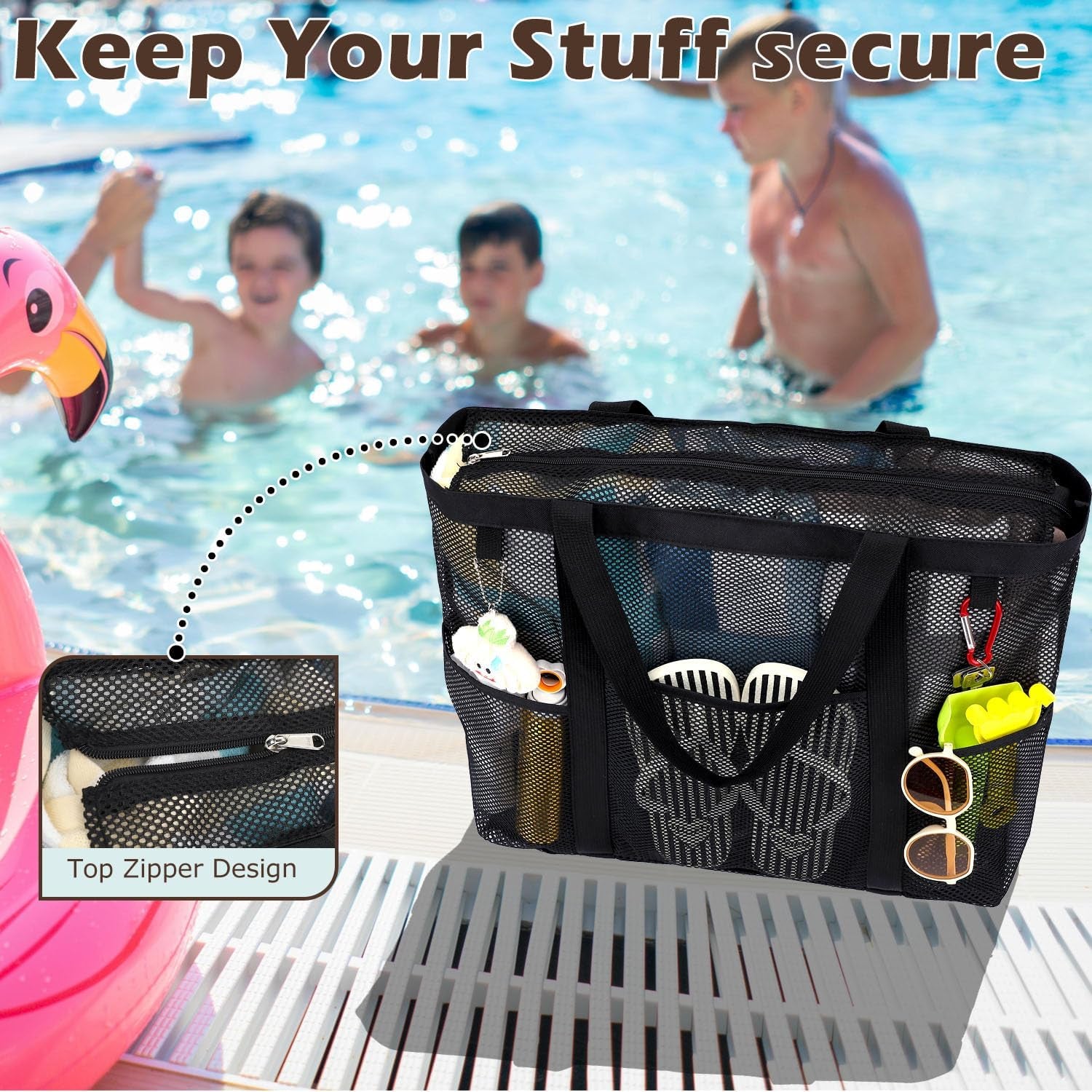 Mesh Beach Bag with Zipper for Women, Large Beach Tote Sandproof Toys Pool Swim Bag Travel Vacation Cruise Essentials