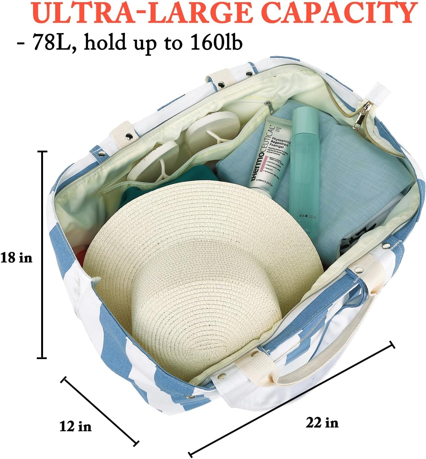 Beach Bags Waterproof Sandproof for Women, Large Canvas Pool Bag with Leakproof Wet Pocket & Zipper Cruise Essentials