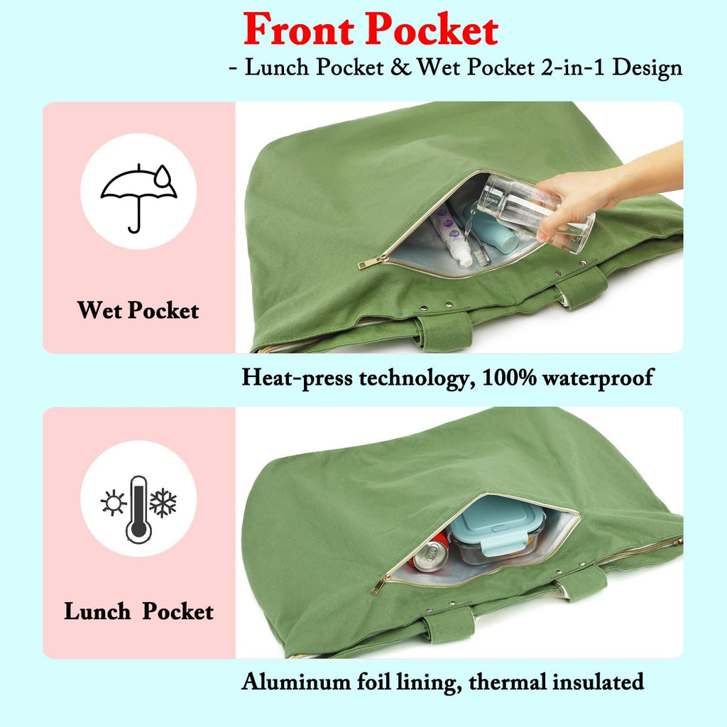 Beach Bags Waterproof Sandproof for Women, Large Canvas Pool Bag with Leakproof Wet Pocket & Zipper Cruise Essentials