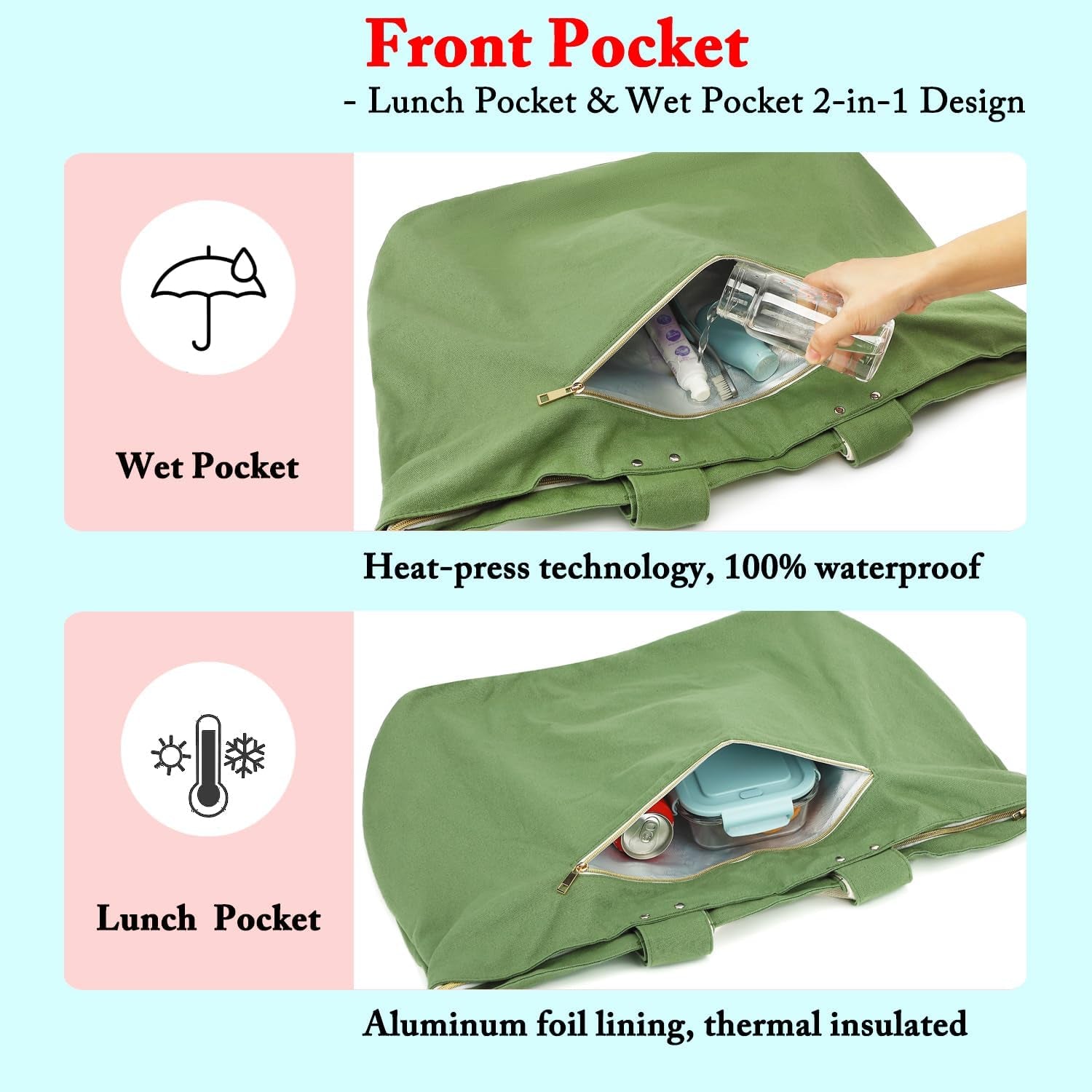 Beach Bags Waterproof Sandproof for Women, Large Canvas Pool Bag with Leakproof Wet Pocket & Zipper Cruise Essentials