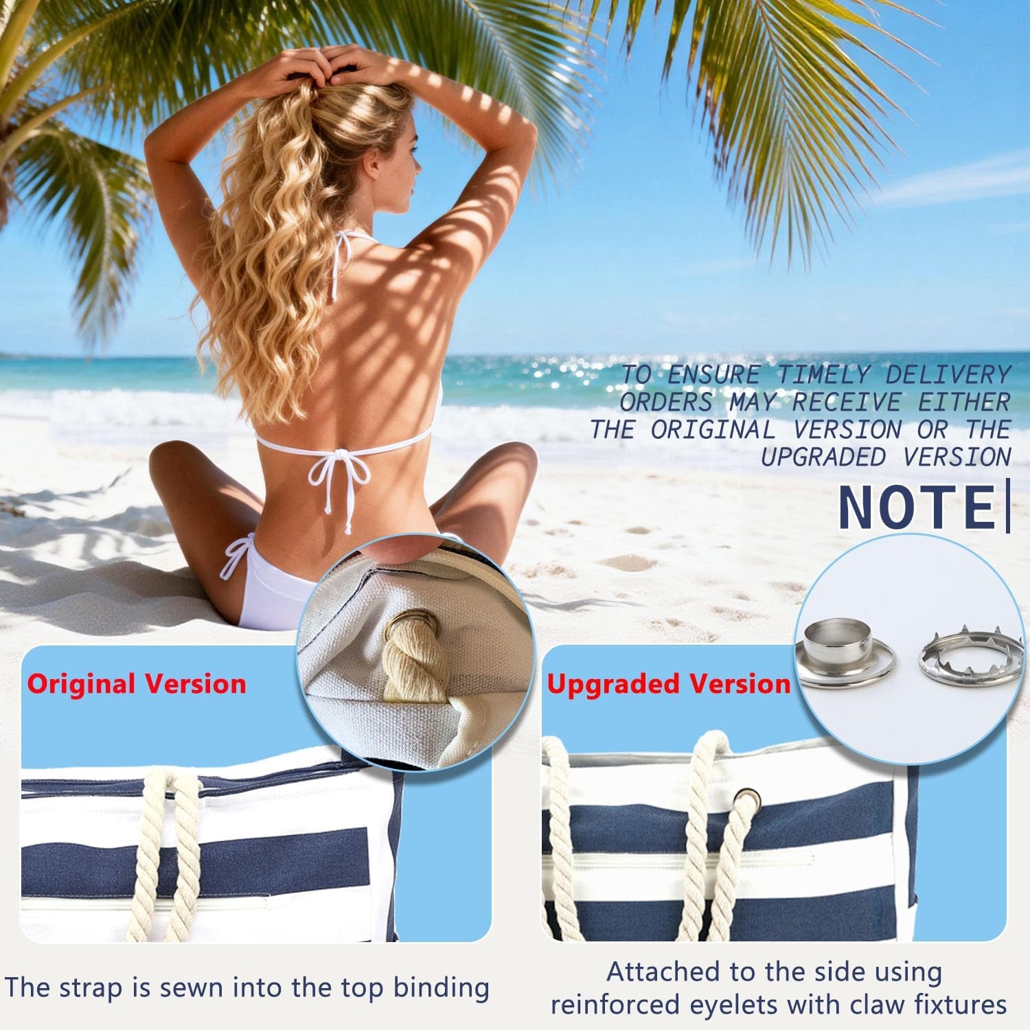 Beach Bags Waterproof Sandproof for Women, Large Canvas Pool Bag with Leakproof Wet Pocket & Zipper Cruise Essentials