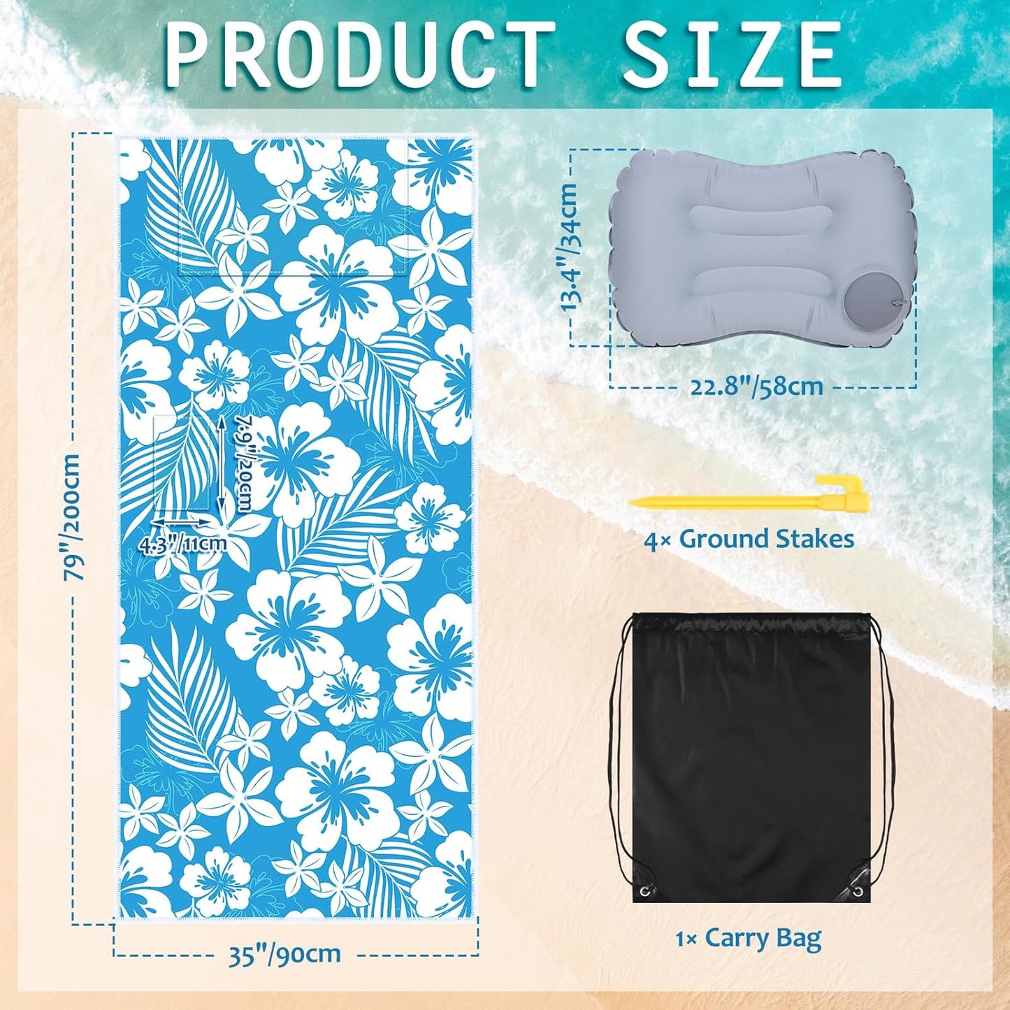 Beach Blanket Waterproof Sandproof with Inflatable Pillow, 79"×35" Sand Free Beach Mat with 4 Stakes & Carry Bag, Lightweight Portable Beach Blankets for Beach Travel Camping Picnic