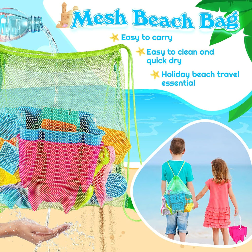 Beach Toys Sand Toys for Kids, Sand Castle Toys for Beach with 2 Castle Bucket and Mesh Bag, Sand Molds, Shovels and Rakes, Sandbox Toys for Toddlers, Travel Beach Toys for Kids 3-10