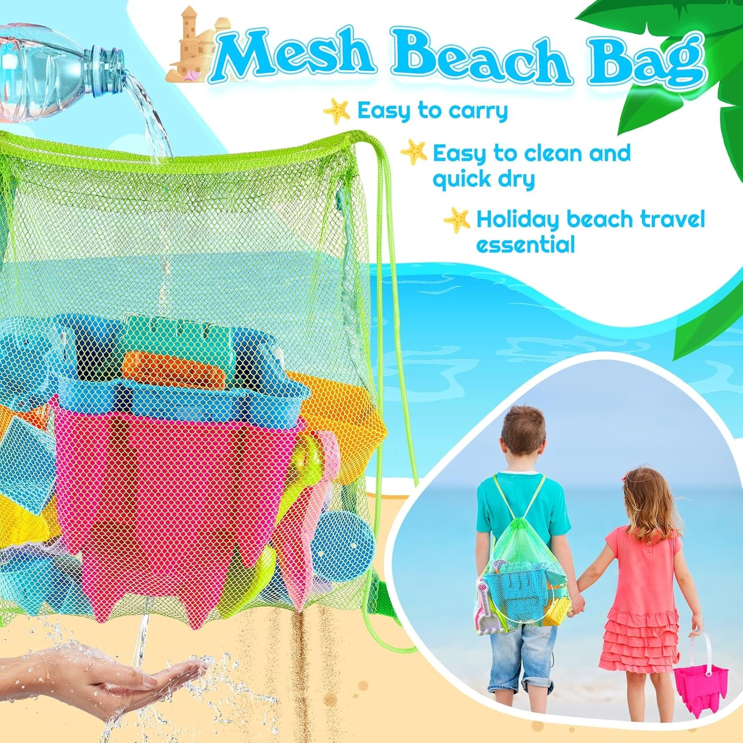 Beach Toys Sand Toys for Kids, Sand Castle Toys for Beach with 2 Castle Bucket and Mesh Bag, Sand Molds, Shovels and Rakes, Sandbox Toys for Toddlers, Travel Beach Toys for Kids 3-10