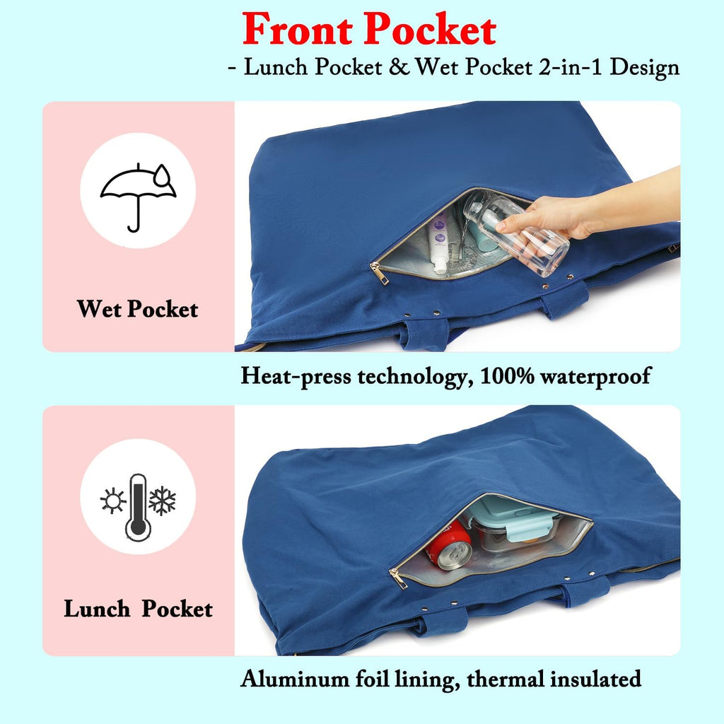 Beach Bags Waterproof Sandproof for Women, Large Canvas Pool Bag with Leakproof Wet Pocket & Zipper Cruise Essentials