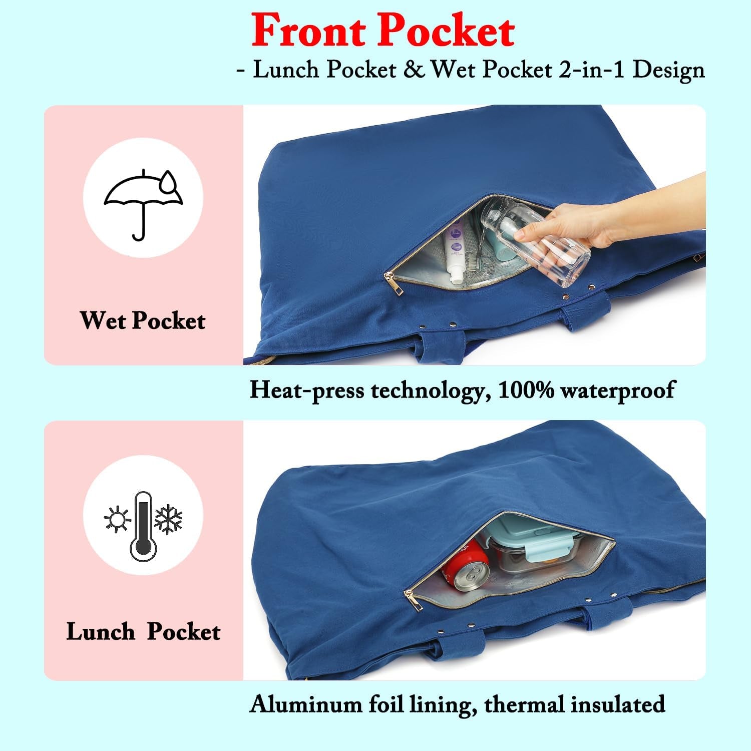 Beach Bags Waterproof Sandproof for Women, Large Canvas Pool Bag with Leakproof Wet Pocket & Zipper Cruise Essentials