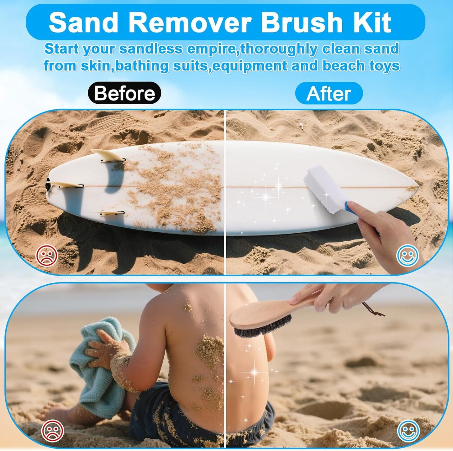 Sand Remover Brush Kits for Beach,Beach Vacation Essentials for Kids Women,Beach Accessories Must Haves for Summer Trip Camping Necessities&Supplies-With Hooks to Hang on the Bogg Bag,5Pcs
