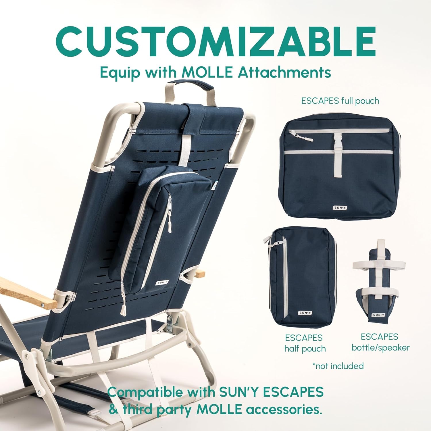 Escapes Backpack Beach Chair - Made W/Ocean Bound Plastics, Customizable W/Molle Accessories, Ultra Lightweight, Low-Seat Natural Comfort, Durable, Rust Free & Waterproof - Nautical Navy