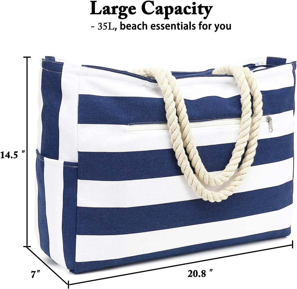 Beach Bags Waterproof Sandproof for Women, Large Canvas Pool Bag with Leakproof Wet Pocket & Zipper Cruise Essentials