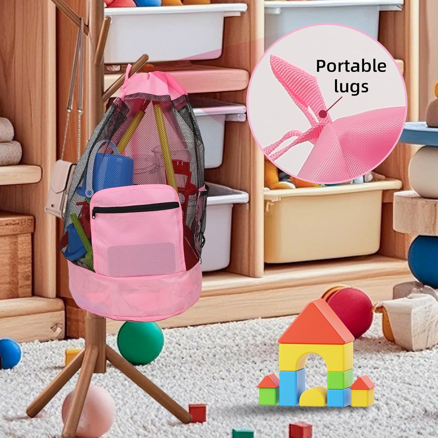 Beach Toy Bag，Mesh Backpack for Beach,Beach Must Haves Sand Box Toys Seashell Bags，Waterproof Swim Mesh Beach Bag (1, Pink)