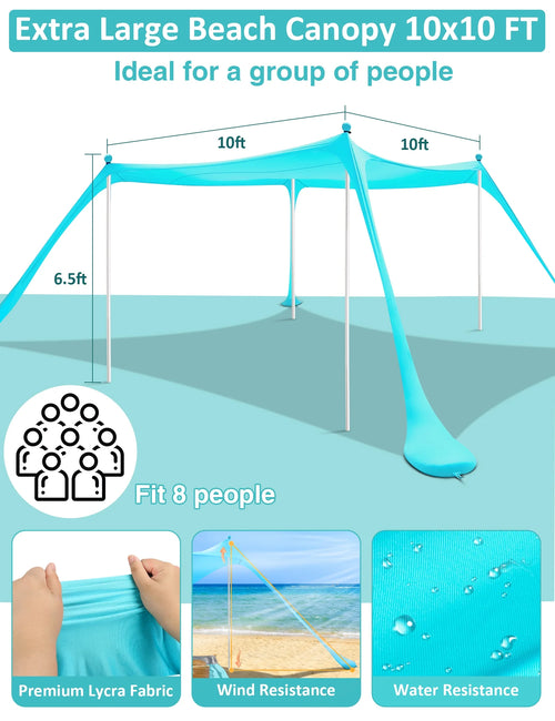 Beach Tent Canopy 10'X10' Beach Tents Sun Shelter 6-8 Person Beach Canopy Tent Sun Shade Easy Setup Pop up Beach Shade Canopy Portable Beach Tent UPF 50+ Waterproof