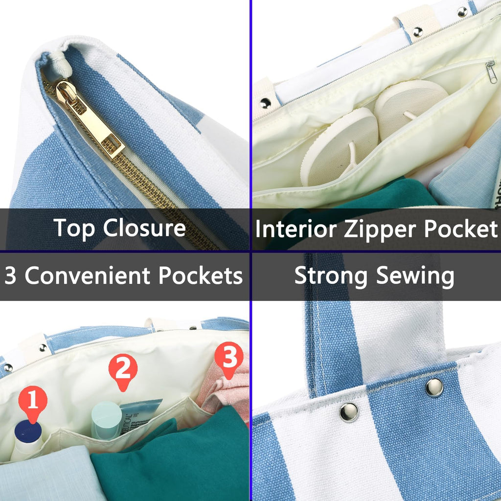 Beach Bags Waterproof Sandproof for Women, Large Canvas Pool Bag with Leakproof Wet Pocket & Zipper Cruise Essentials