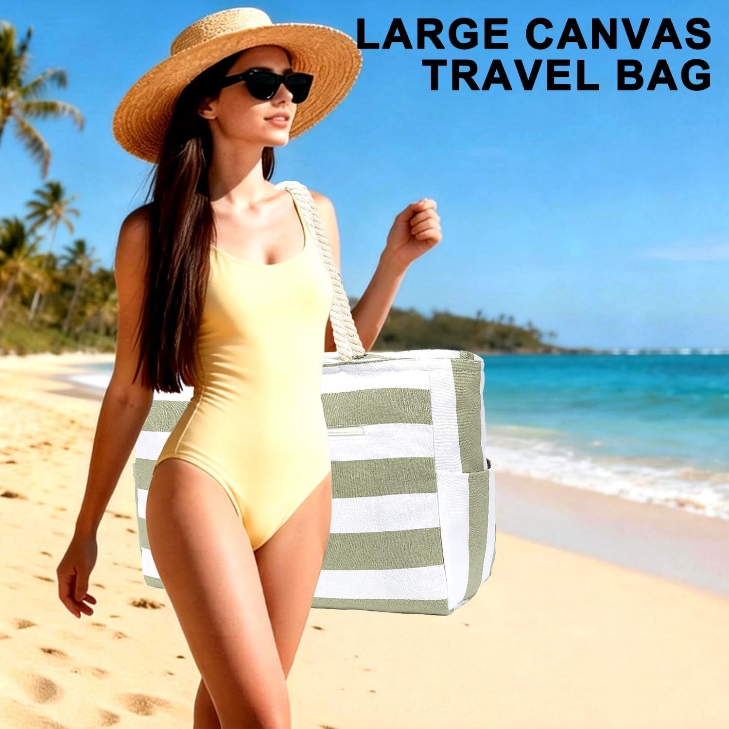 Beach Bags Waterproof Sandproof for Women, Large Canvas Pool Bag with Leakproof Wet Pocket & Zipper Cruise Essentials