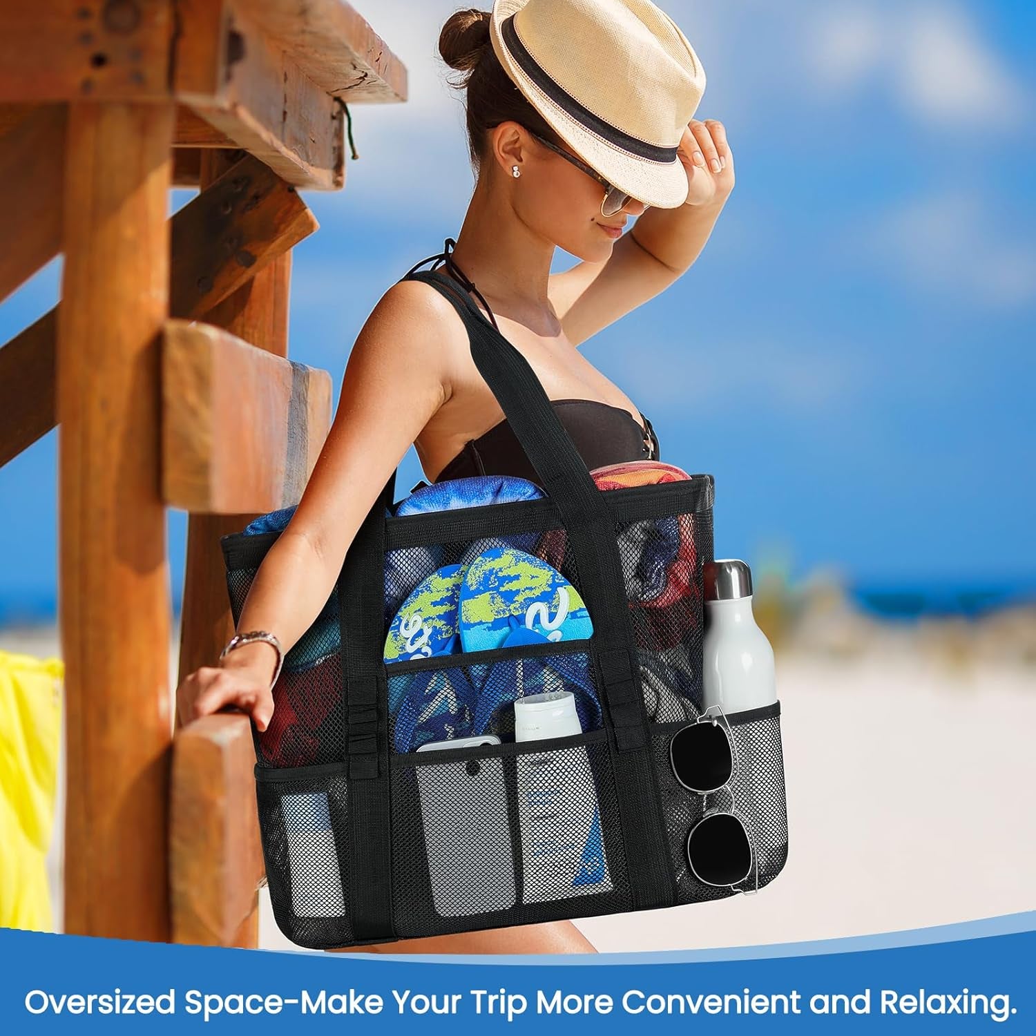 Beach Bag - Mesh Beach Bag Large 8 Pockets, Beach Tote Bag Beach Essentials for Vacation Must Haves