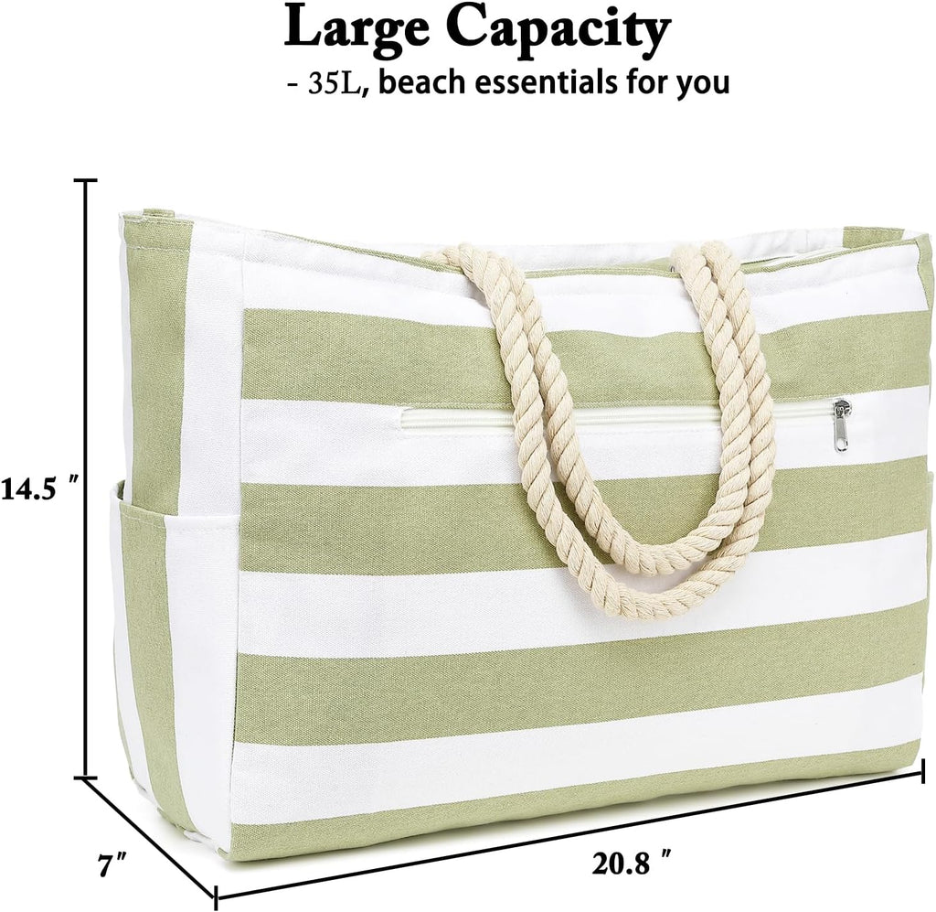 Beach Bags Waterproof Sandproof for Women, Large Canvas Pool Bag with Leakproof Wet Pocket & Zipper Cruise Essentials
