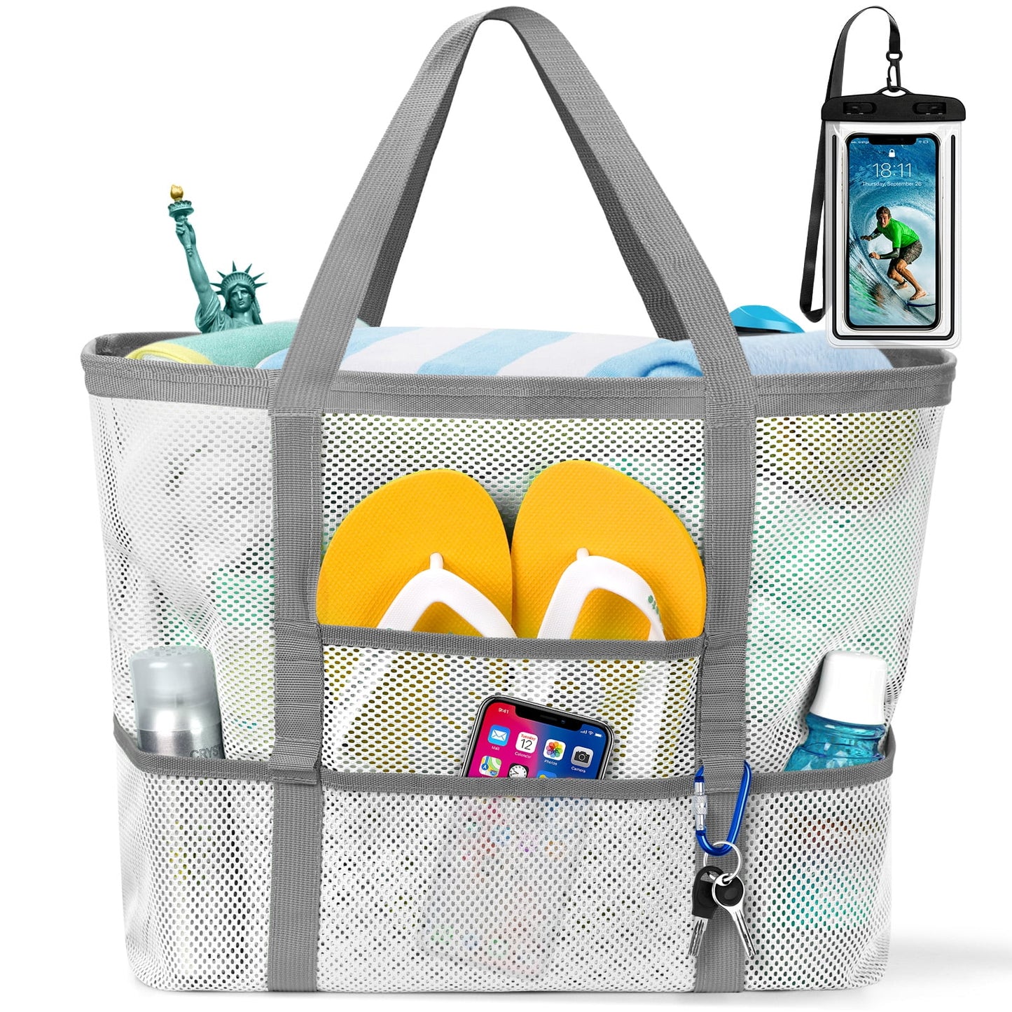 Mesh Beach Bag Rope Handles, Mesh Tote Bag for Women Contains Wicker Oversized Beach Tote Bag with 9 Small Pockets (White)