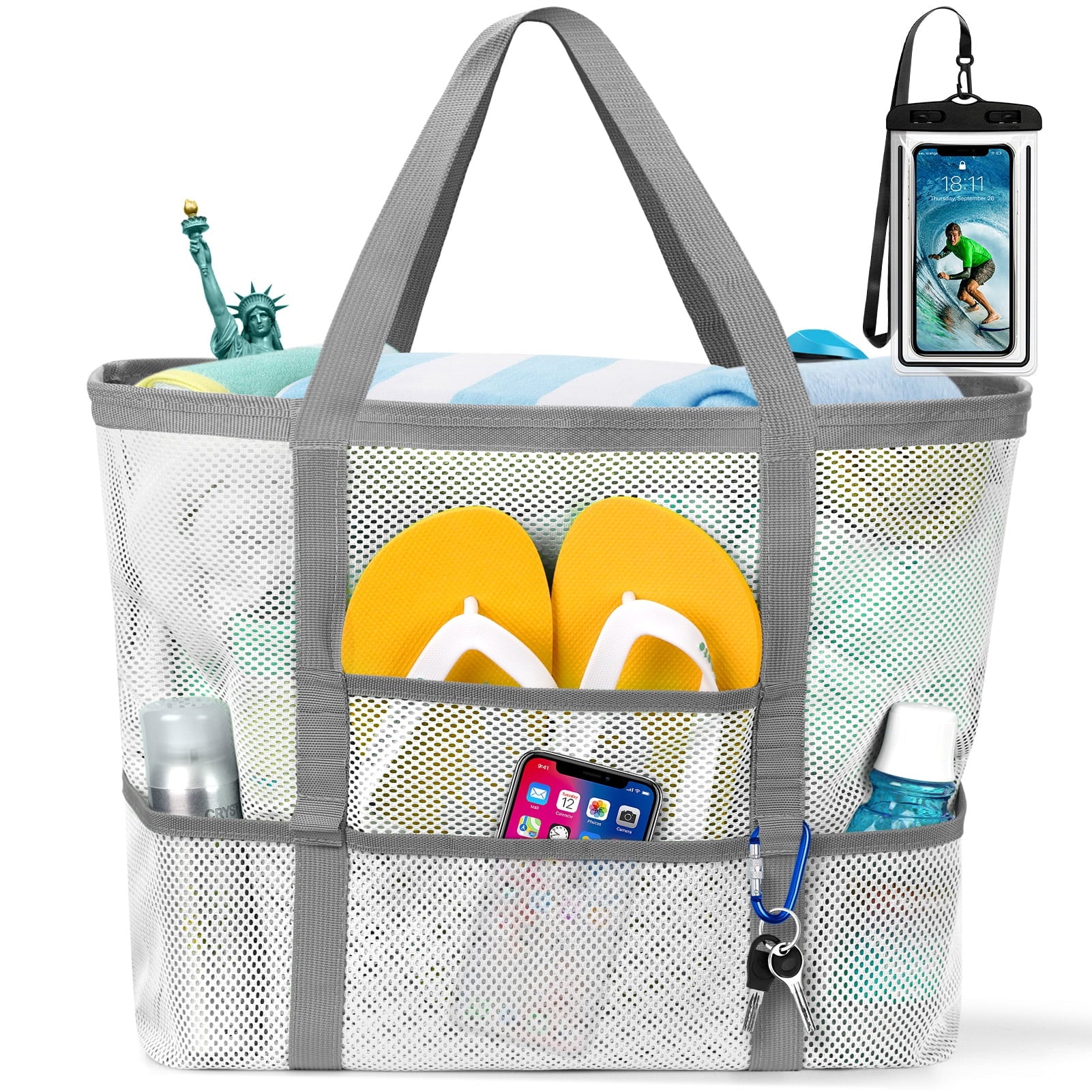 Mesh Beach Bag Rope Handles, Mesh Tote Bag for Women Contains Wicker Oversized Beach Tote Bag with 9 Small Pockets (White)