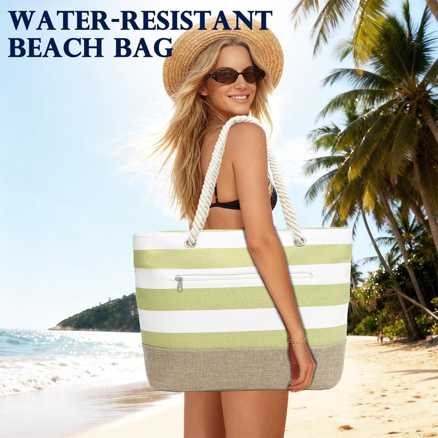 Beach Bags Waterproof Sandproof for Women, Large Canvas Pool Bag with Leakproof Wet Pocket & Zipper Cruise Essentials