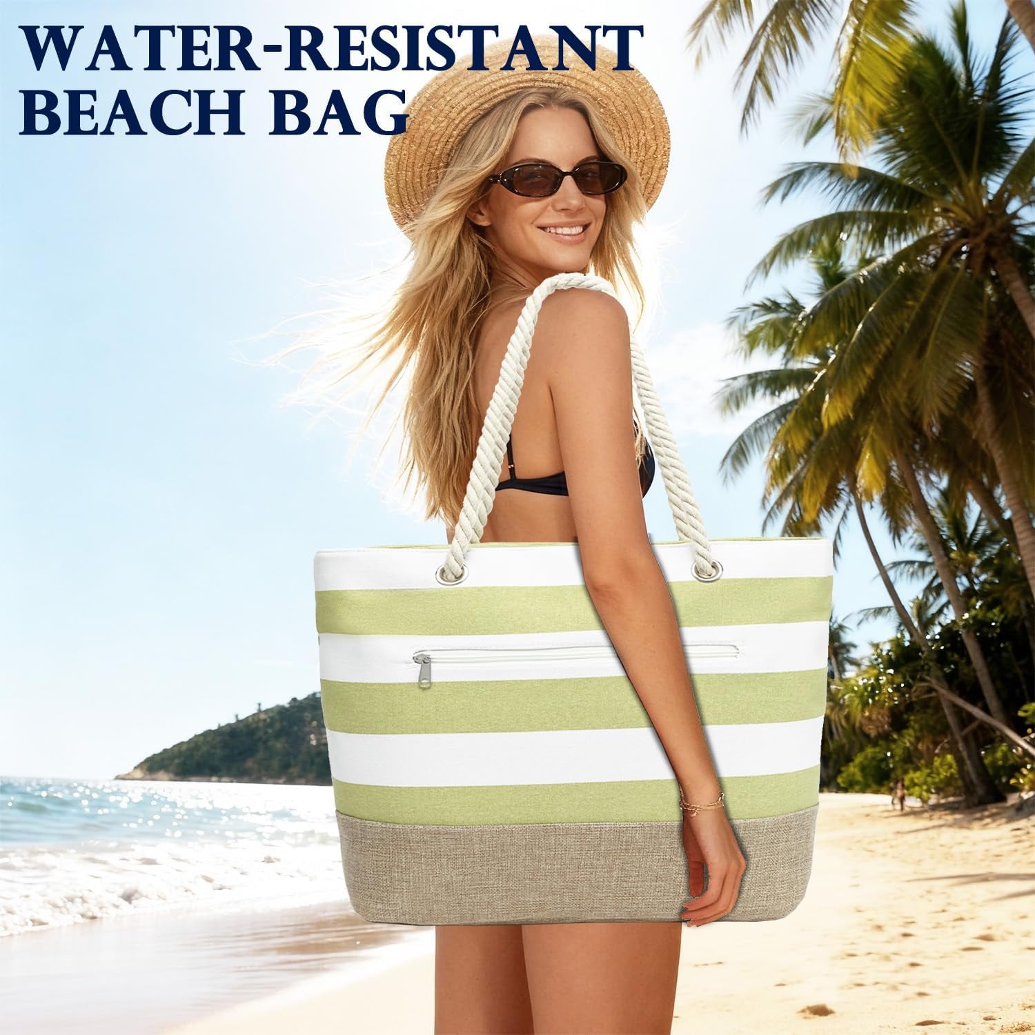 Beach Bags Waterproof Sandproof for Women, Large Canvas Pool Bag with Leakproof Wet Pocket & Zipper Cruise Essentials