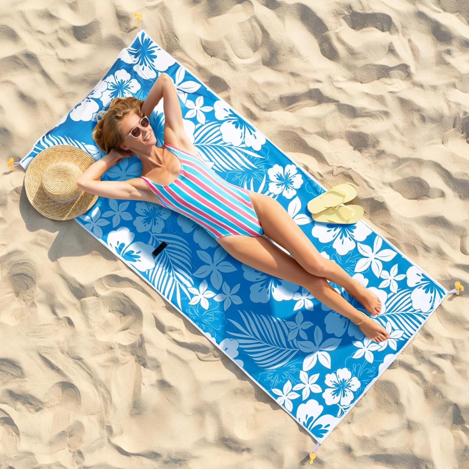 Beach Blanket Waterproof Sandproof with Inflatable Pillow, 79"×35" Sand Free Beach Mat with 4 Stakes & Carry Bag, Lightweight Portable Beach Blankets for Beach Travel Camping Picnic