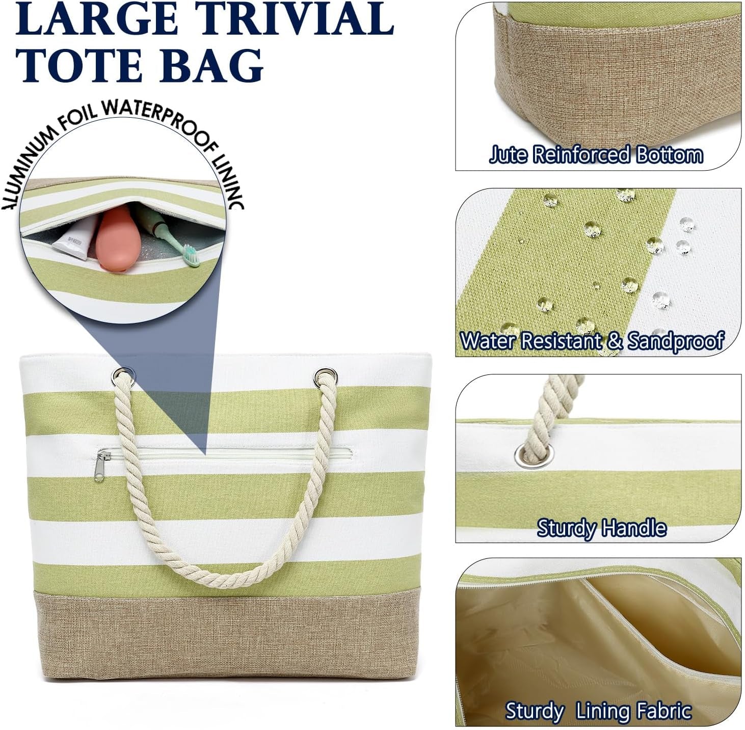 Beach Bags Waterproof Sandproof for Women, Large Canvas Pool Bag with Leakproof Wet Pocket & Zipper Cruise Essentials